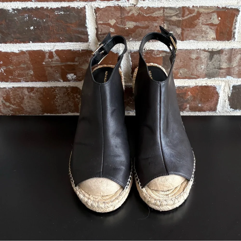 KG Kurt Geiger Nelly Black Leather Espadrille Wedge Sandals Size EU 41